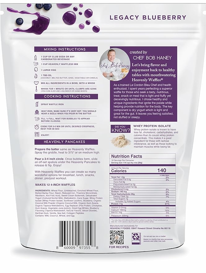Heavenly Waffles짰 Mix, Legacy Blueberry, 11g Protein, Yogurt Based, Healthy and Nutritiously Balanced, Superior Tasting Waffles and Pancakes, 13.5 oz Pouch