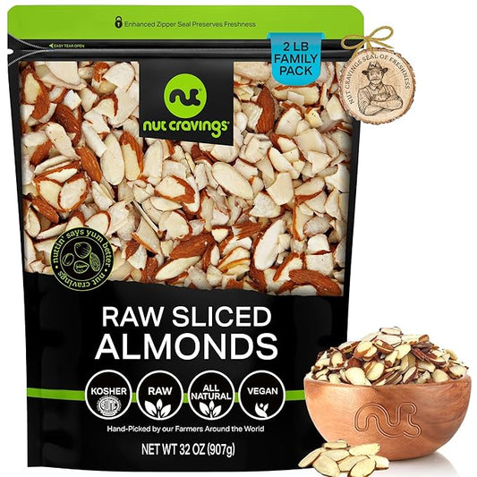 NUT CRAVINGS - Natural Sliced Almonds - Raw, (32oz - 2 LB) Packed Fresh in Resealable Bag - Nut Snack - Food Assortments Ideal for Trail Mixed Nuts