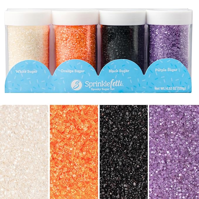 Sweets Indeed Halloween Sugar Sprinkles 4-Pack ??4.52 oz Spooky Sugar Set | White, Orange, Black & Purple Decorating Sugars | Edible Baking Decorations for Cookies, Cupcakes & Cakes