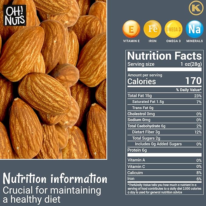 Oh! Nuts Almonds - Roasted Unsalted - 2 lb - Packed in New York Zip-Seal Bag for Exceptional Freshness