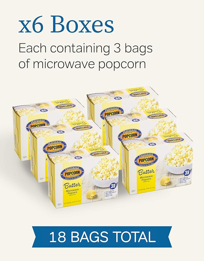 Preferred Popcorn Microwave Popcorn, Buttery Popcorn, 18 Pack - Non-GMO, Whole Grain, Gluten Free