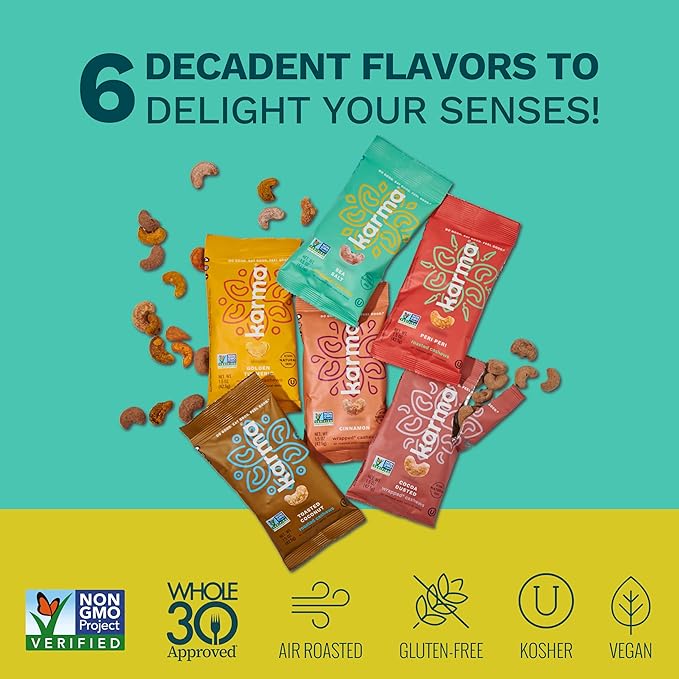 Karma Nuts Flavored Cashews Variety Pack (1.5 oz, Pack of 6) ??Whole Roasted Cashews, Healthy Snacks for Adults - Gluten Free Vegan Snacks, Vegan, Non GMO - Flavored Nuts Low Carb