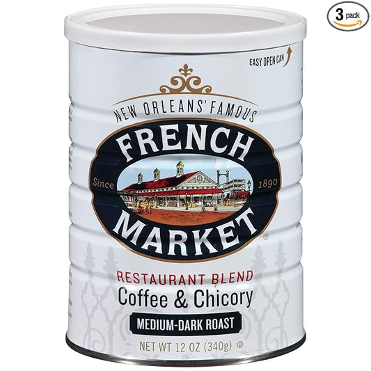 French Market Coffee & Chicory Restaurant Blend Medium-Dark Roast Ground Coffee, 12oz Can (Pack of 3)