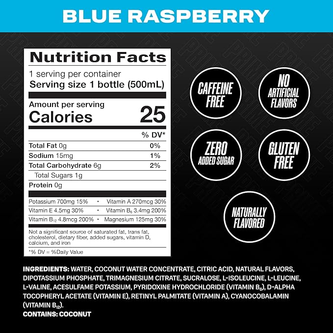 PRIME Hydration BLUE RASPBERRY, Sports Drinks, Electrolyte Enhanced for Replenishing Fluids, 250mg BCAAs, B Vitamins, Antioxidants, Low Sugar, 16.9 Fl Oz, 12 Pack