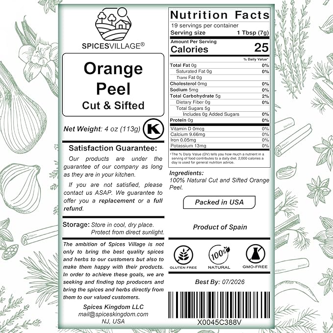 SPICES VILLAGE Orange Peel Cut & Sifted [4 oz] - Fresh Dried Orange Peel Zest and Rind, Citrus Fruit Seasoning for Cooking, Baking & Herb Tea - Kosher, Gluten Free, Non GMO, Resealable Bulk Bag