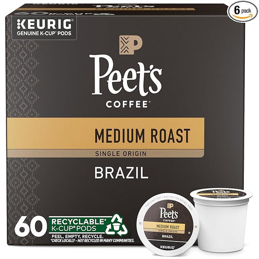 Peet's Coffee, Medium Roast Keurig K-Cup Pods - Single Origin Brazil 60 Count (6 Boxes of 10 K-Cup Pods)