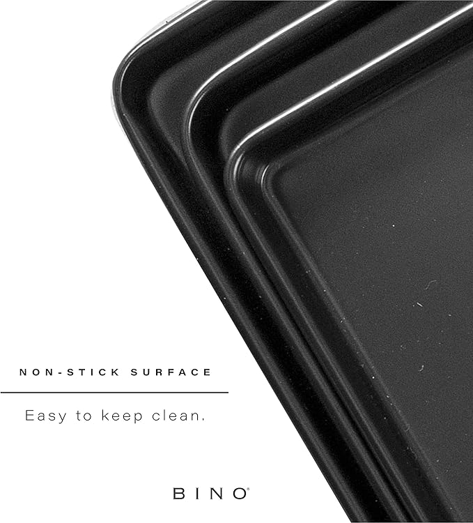 BINO Bakeware Nonstick Cookie Sheet Baking Tray Set, 3-Piece - Black | Non Stick Baking Pans Set | Carbon Steel Tray Bakeware Sets | Oven Safe | Cookie Sheet Pans | Food-Safe