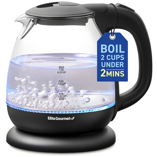 Elite Gourmet EKT1001 1.0L Glass Kettle, 1100W, Cordless Base, Black