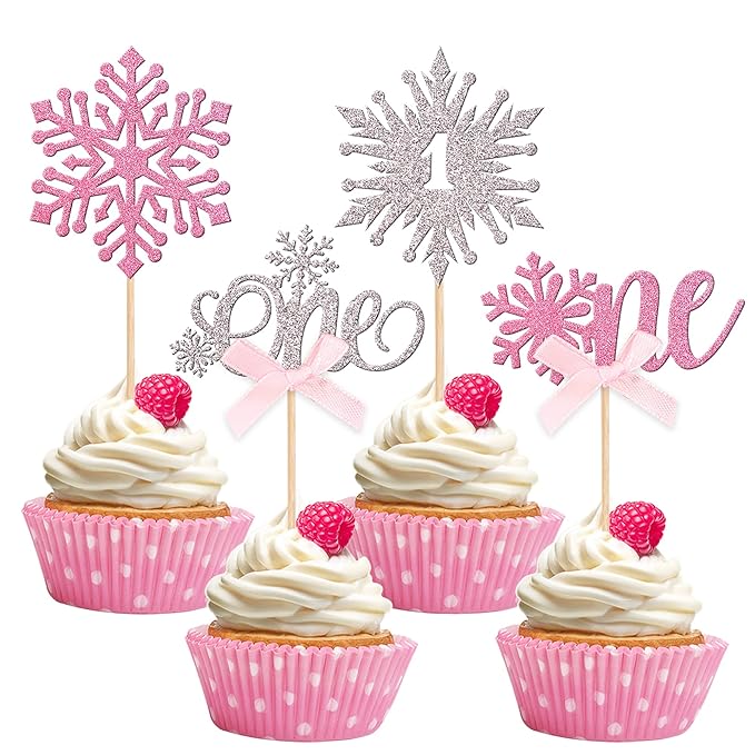 24 PCS Snowflake 1st Birthday Cupcake Toppers Glitter Bow First Birthday Snowflake One Cupcake Picks for Winter Onederland Theme Baby Shower 1st Birthday Party Cake Decorations Supplies Silver Pink