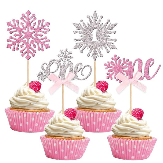 24 PCS Snowflake 1st Birthday Cupcake Toppers Glitter Bow First Birthday Snowflake One Cupcake Picks for Winter Onederland Theme Baby Shower 1st Birthday Party Cake Decorations Supplies Silver Pink