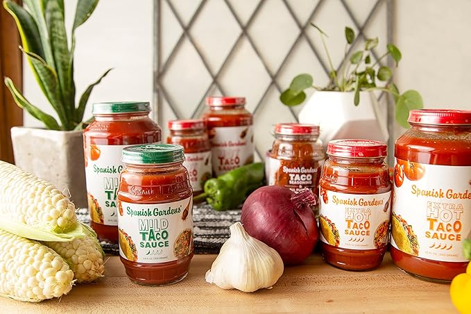 Spanish Gardens Taco Sauce (6 Pack) ??Hot Taco Sauce for Authentic Mexican Food ??Original Family Recipe, Spicy Sauce for Tex Mex Food (23 oz)