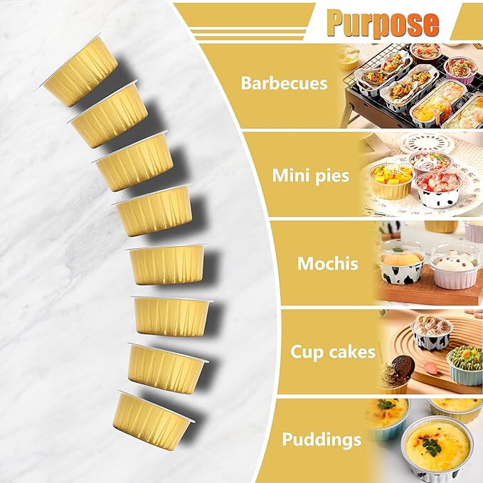 Aluminum Cups with Lids, 4.2oz 50Pcs Gold Disposable Cake Pans with Lids, Creme Brulee Cups, Mini Cake Pans for Party, Wedding, Birthday