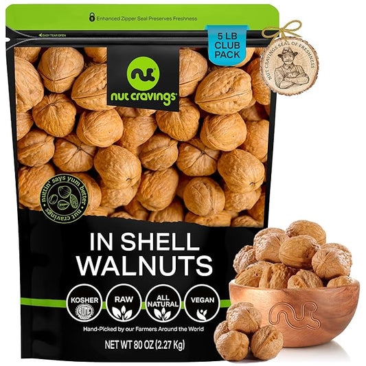 NUT CRAVINGS - Raw Walnuts In Shell, Whole, (80oz - 5 LB) Packed Fresh in Resealable Bag - Nut Snack - Food Assortments Ideal for Trail Mixed Nuts