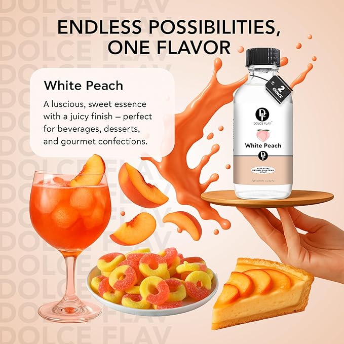 Dolce Flav Natural White Peach Extract 2 oz ??Kosher, Sugar-Free, Concentrated Sweet White Peach Flavoring for Beverages, Desserts & Baking, Includes Measured Dropper