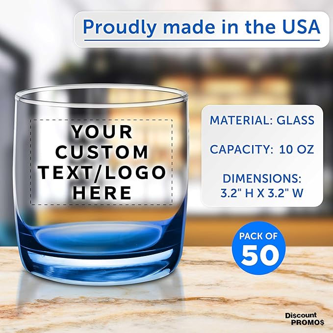 DISCOUNT PROMOS Custom Whiskey Glasses 10 oz Set of 50, Personalized Bulk Pack - Heavy Base Old Fashioned Glass, Perfect for Scotch, Bourbon, Whiskey, Cocktail - Blue Bottom Color