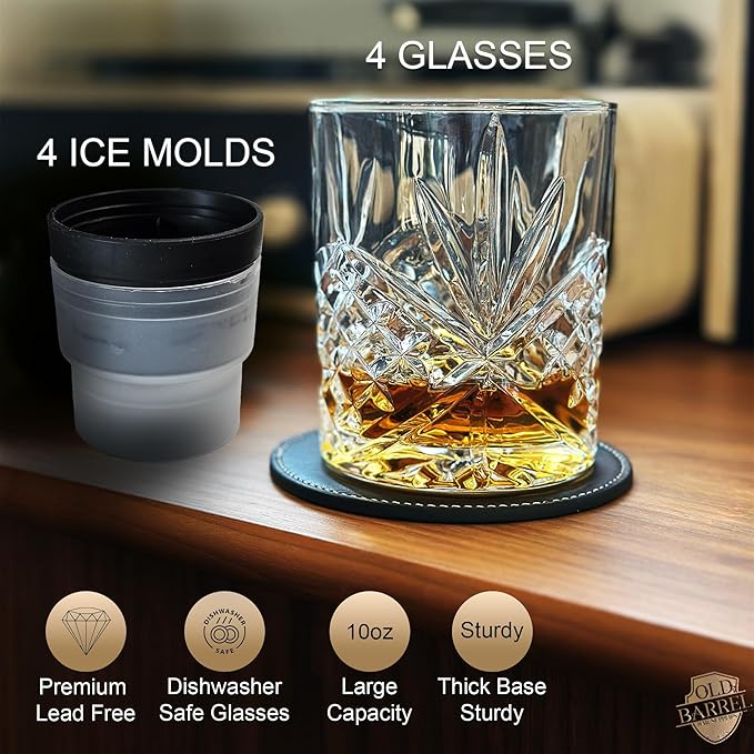 OLD BARREL Whiskey Glasses Set of 8 (4 Glasses with 4 Ice Ball Molds) 10oz Old Fashioned Crystal Glasses Gift Box ??Bourbon, Scotch, Cocktail Rocks Glas ??Gifts for Men, Dad, Birthday, Father?™s Day