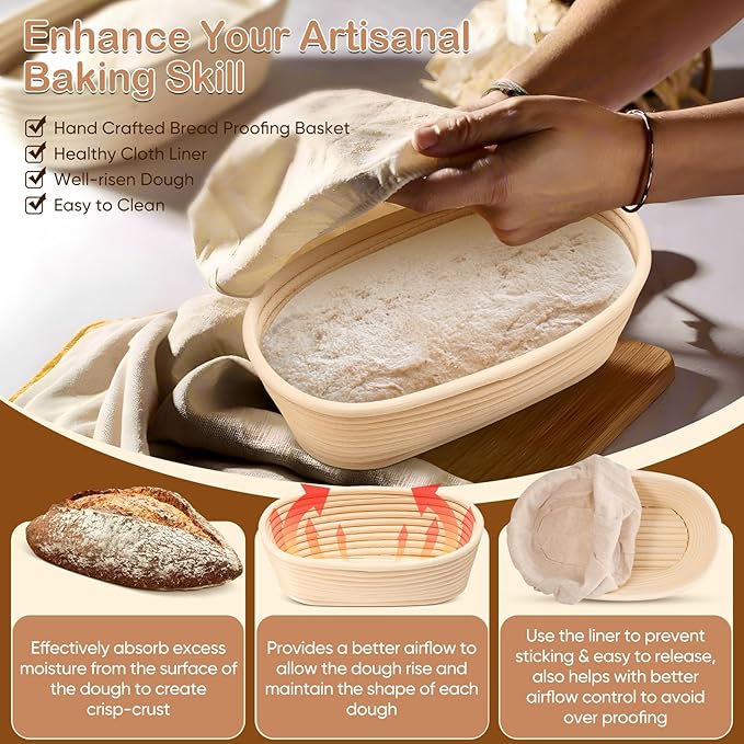 TeamFar Bread Proofing Basket Set of 2, Sourdough Bread Baking Supplies, 10 Inch Oval Proofing Baskets for Sourdough Bread Baking, Proofing Bowls with Liner for Dough Fermentation