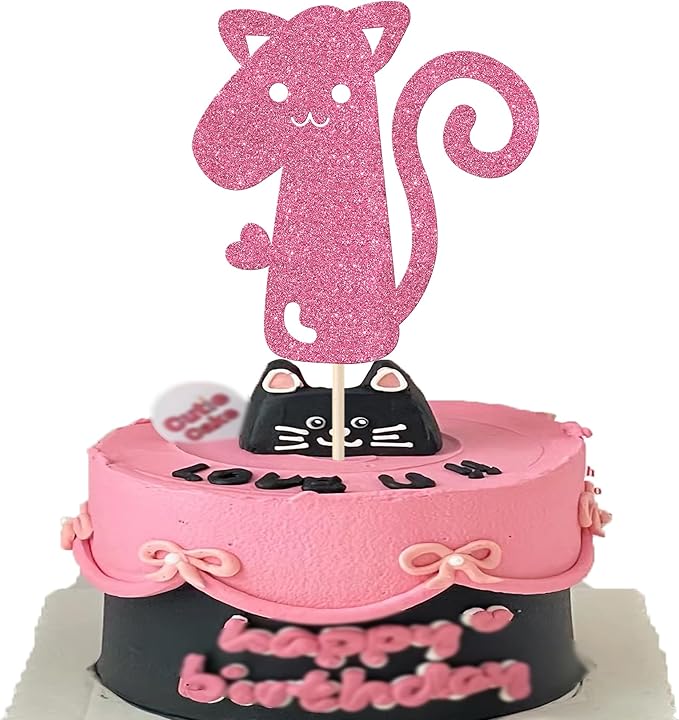 1 Pack Cat Cake Topper 1st Birthday Cake Pick Glitter Cute Pet Cat Cake Decoration for Baby Shower Kids First Birthday Wedding Party Cake Decorations Supplies Pink