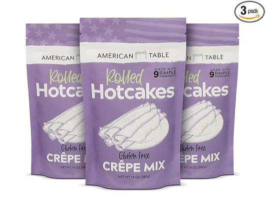 Gluten Free Rolled Hotcakes Crepe Mix by American Table, Made with American-Grown Ingredients & Pure Vanilla, French-Style, Non-GMO, Low Sugar, No Preservatives, Makes 72 Crepes (14 oz, Pack of 3)