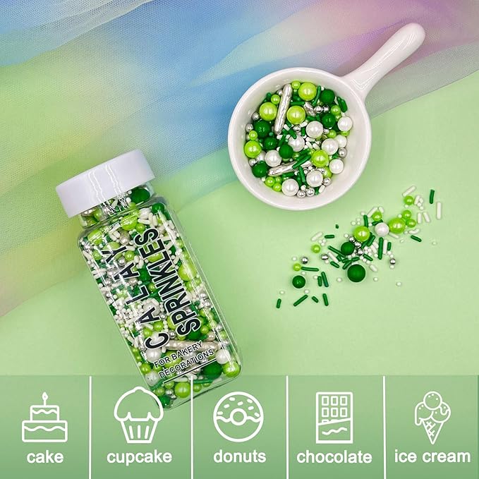 Sprinkles for Cake Decorating, Green and White Pearl Silver Jimmies St. Patrick?셲 Day Sprinkles Mix for Baking Cookies Cupcake Ice Cream