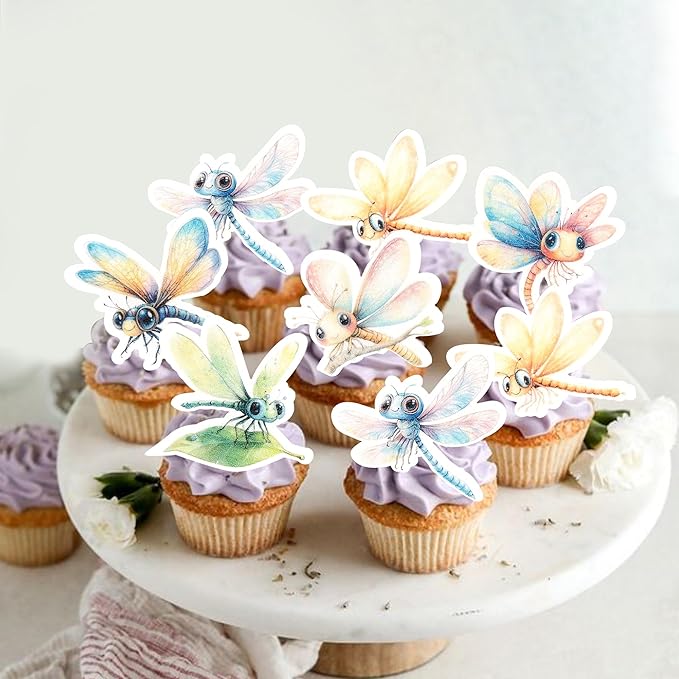 Rsstarxi 60 Pack Edible Dragonfly Cake Toppers Rice Paper Flying Insects Cupcake Picks for Baby Shower Birthday Wedding Anniversary Party Cake Decorations Supplies