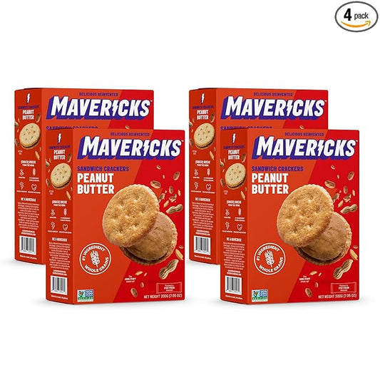 Mavericks Sandwich Crackers Peanut Butter - Plant-Based Peanut Butter Sandwich Snack Crackers, Whole Grain, Non-GMO - Back to School - 7 oz Boxes (Pack of 4)