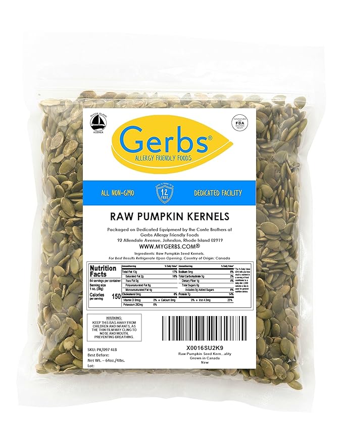 GERBS Raw Pumpkin Seed Kernels 4 LBS|Top 14 Allergy Free Food |Use in salads, yogurt, baking, oatmeal, trail mix|Grown in Canada, packed in US