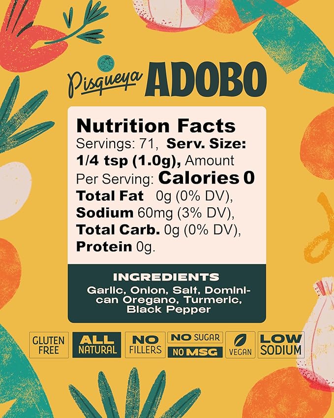 Pisqueya Adobo Multi-Purpose Seasoning, made with Dominican oregano. Low Sodium, No Sugar, No-MSG, Non-GMO, No Preservatives, No Artificial Coloring, No Artificial Flavors, 2.5oz, Pack of 1