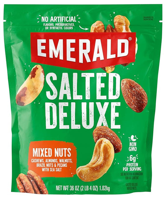 Emerald Salted Deluxe Mixed Nuts (1-Pack) | 36oz Resealable Bulk Bag | Features Cashews, Almonds, Walnuts, Brazil Nuts, Pecans | Plant-Based Protein | No Artificial Flavors, Preservatives, or Synthetic Colors
