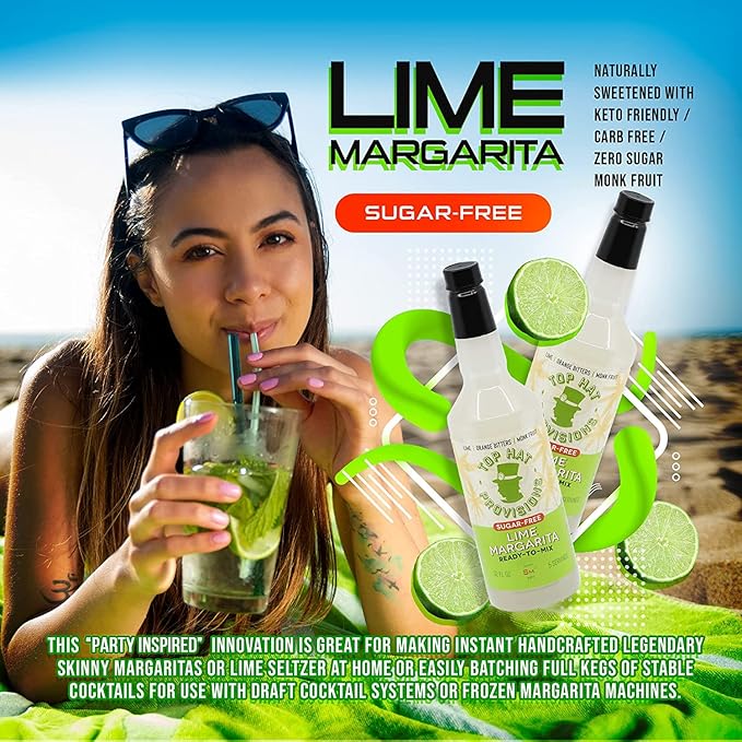 Top Hat Keto Sugar Free Lime Margarita Mix - Naturally Sweetened with Monk Fruit - Craft Mixer for Skinny Margarita Cocktail Drinks - 32oz Bottle
