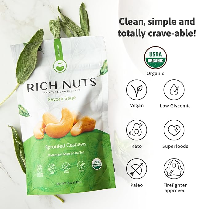 Rich Nuts Variety Pack Sprouted Nuts | Gourmet Flavored Pecans, Walnuts, and Trail Mix | Vegan, Paleo and Keto Friendly | Non-Roasted from Dehyrdated Germinated Raw, Whole Nuts | 4-5 Oz Bags (6 Pack)
