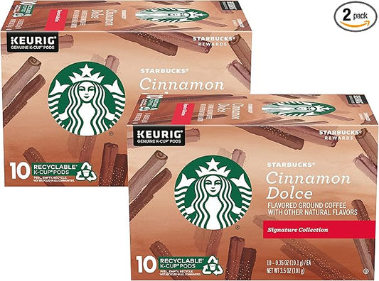 Starbucks Flavored Ground Coffee K-Cup Pods,Cinnamon Dolce,Flavored Ground Coffee Signature Collection,Recyclable K-Cups,10 K-Cup Pods/Box (Pack of 2 Boxes),10 Count (Pack of 2)