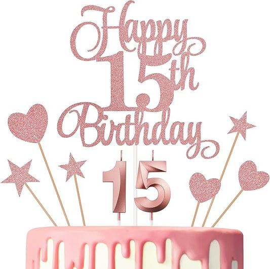 15th Birthday Cake Decorations, 15th Birthday Candles Cake Numeral Candles and Glitter Happy 15th Birthday Cake Toppers Set for Birthday Party Supplies (Rose Gold)
