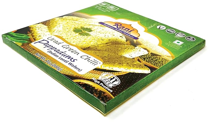 Rani Pappadums (Indian Lentil Wafer Snack) Green Chilli Papad 7oz (200g) Approximately 15pc, 7 inches, Pack of 2 ~ All Natural | Gluten Friendly | NON-GMO | Vegan | Indian Origin