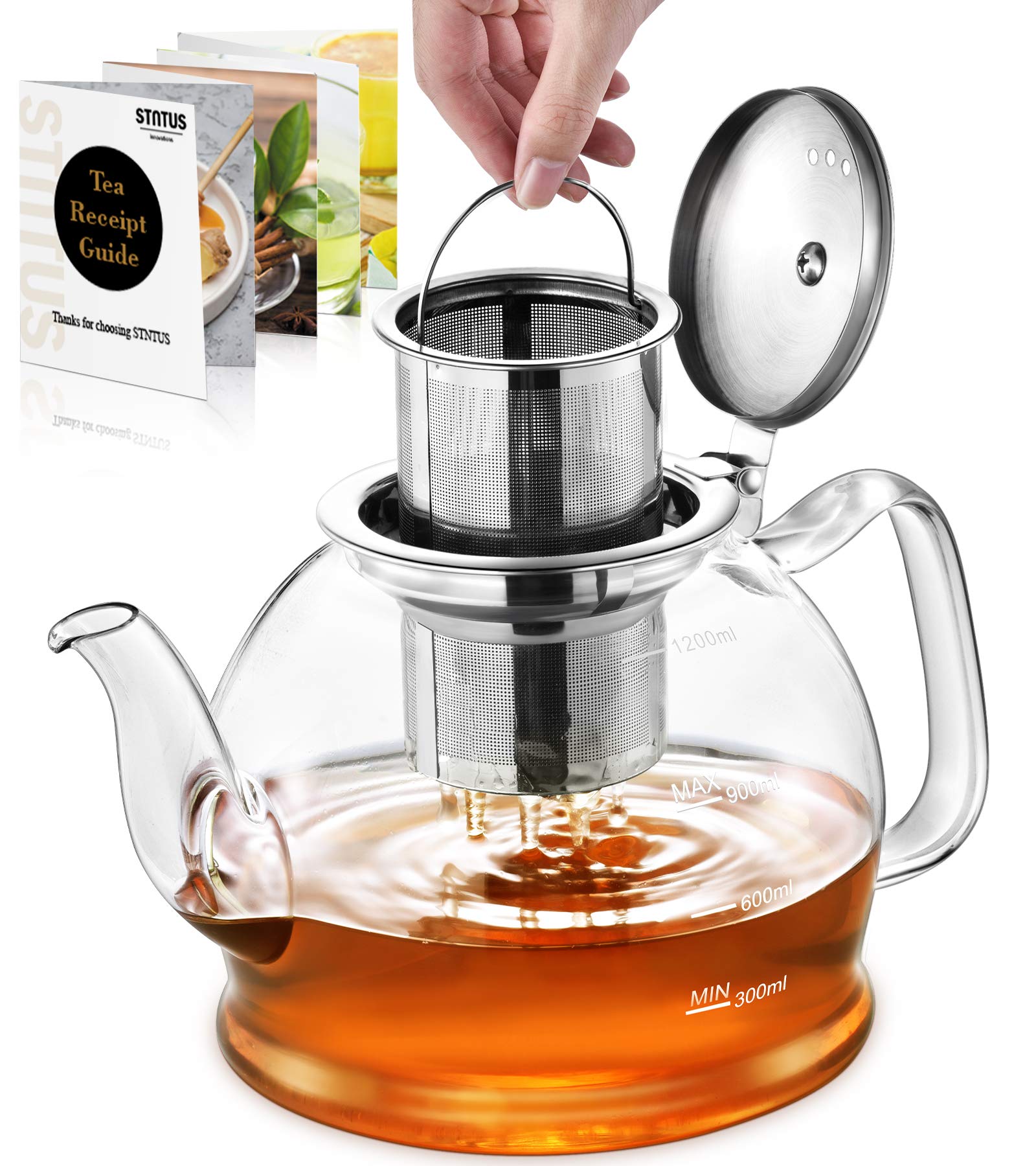 STNTUS Glass Teapot, 40 oz. / 1200 ml for Loose Tea, With Infuser and Stainless Steel Strainer
