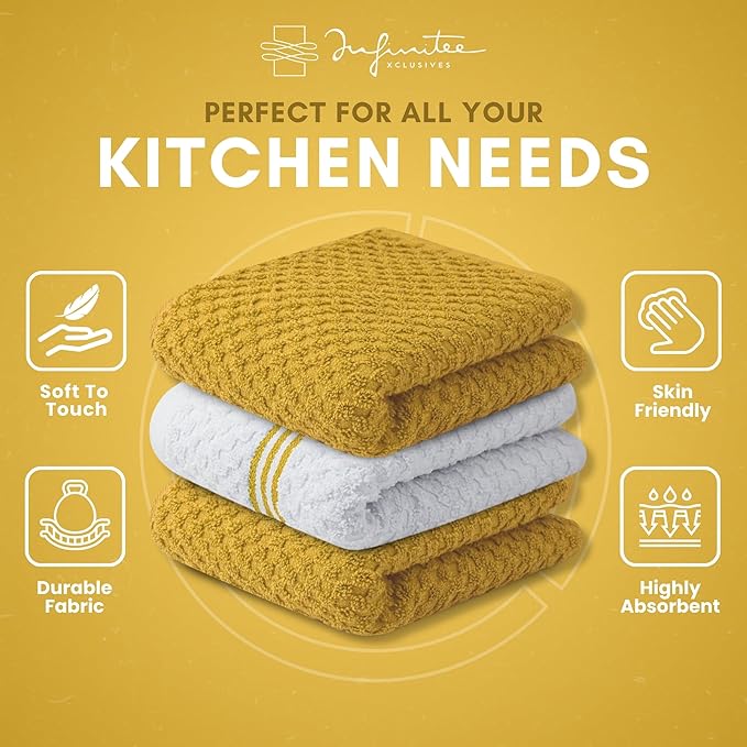 Infinitee Xclusives Premium Kitchen Towels ??Pack of 3, 100% Cotton |15 x 25| Inches Absorbent Dish Towels - Terry Kitchen Dishcloth Towels - Yellow Dish Cloth for Household Cleaning