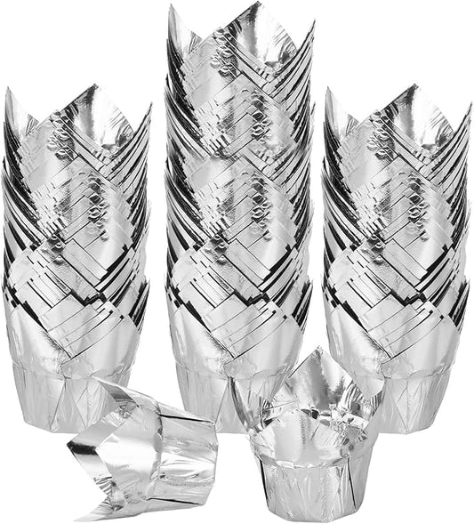 uxcell 100 Pcs Tulip Cupcake Liners, Muffins Liners Aluminum Foil Cupcake Wrappers Baking Cups Muffins Liners for Wedding Birthday Party Supplies, Silver