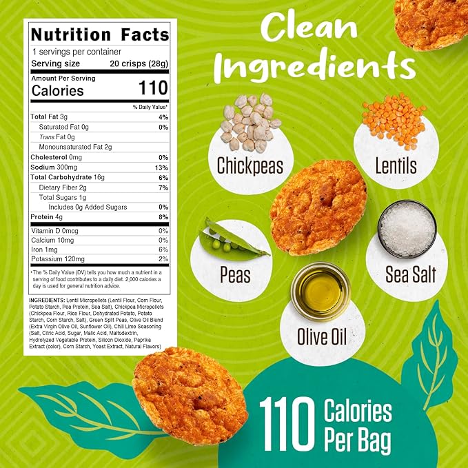 PeaKaPop Veggie Chips ??Plant-Based, Healthy Veggie Crisps with Pea, Lentil & Chickpea Protein ??Vegan, Gluten-Free, Popped Chips ??Snack Size for Kids & Adults ??1 oz Bags (15-Pack) ??Chili Lime