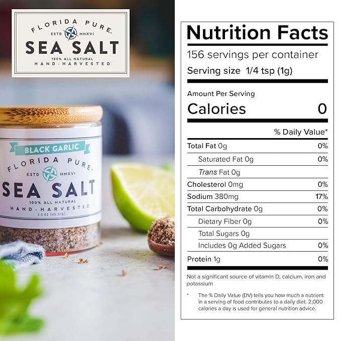 FLORIDA PURE Black Garlic Sea Salt - 80+ Mineral Sea Salt, Natural, Unrefined, Non Iodized - for Baking, Cooking, Seasoning & Enhancing Taste - Rich in Taste Flaky Sea Salt (2.3 oz Jar)