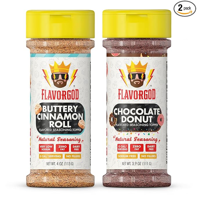Flavor God Dynamic Dessert Duo Pack of 2 Seasoning Topper Gift Set, Buttery Cinnamon Roll & Chocolate Donut, Natural Healthy Blend For Donuts, Fruit Ice Cream, Coffee, Low Sodium, Gluten & Dairy Free