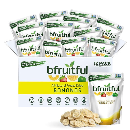 bfruitful Freeze-Dried Banana, Freeze Dried Fresh Fruit Bites, Gluten Free, Vegan, Dairy Free, Kosher, No Sugar Added, Non GMO, Healthy Snacks for Kids or Adults, 0.56 oz Single-Serve Snack Packets, 12 Pack