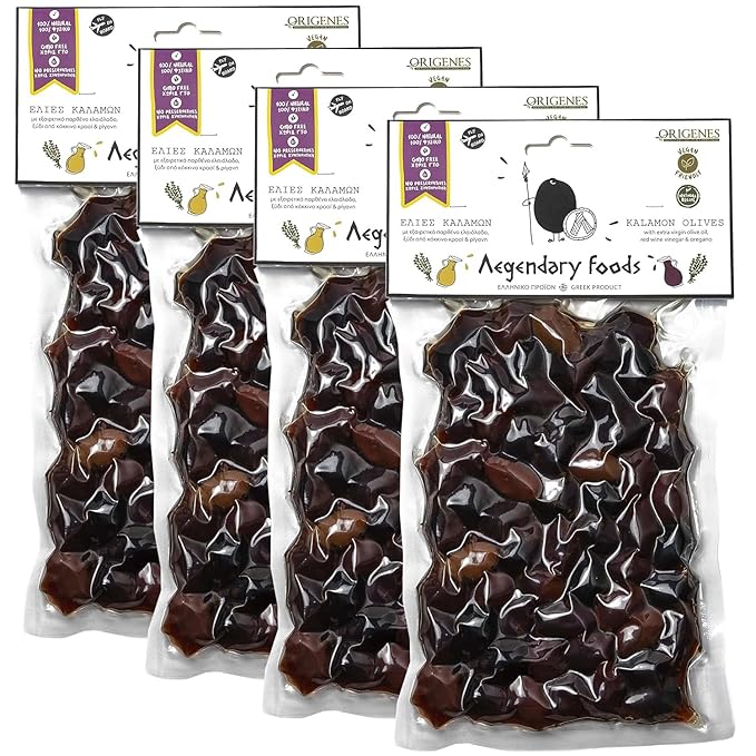 Pack of 4 Kalamon Olives in Vacuum Pack, Kalamata Olives with Greek Oregano and Red Wine Vinegar, Freshly Sealed Olives Kalamata with Extra Virgin Oil 4X200g