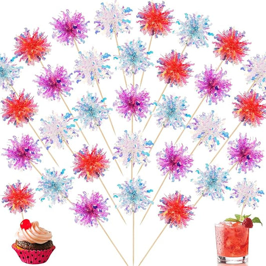 MEMOVAN Firework Cupcake Topper 120pcs Sparkle Tinsel Cake Toppers Foil Frill Toothpicks Drink Stirrer Cake Cupcake Decoration Cocktail Picks for Birthday Wedding Graduation Party Supplies
