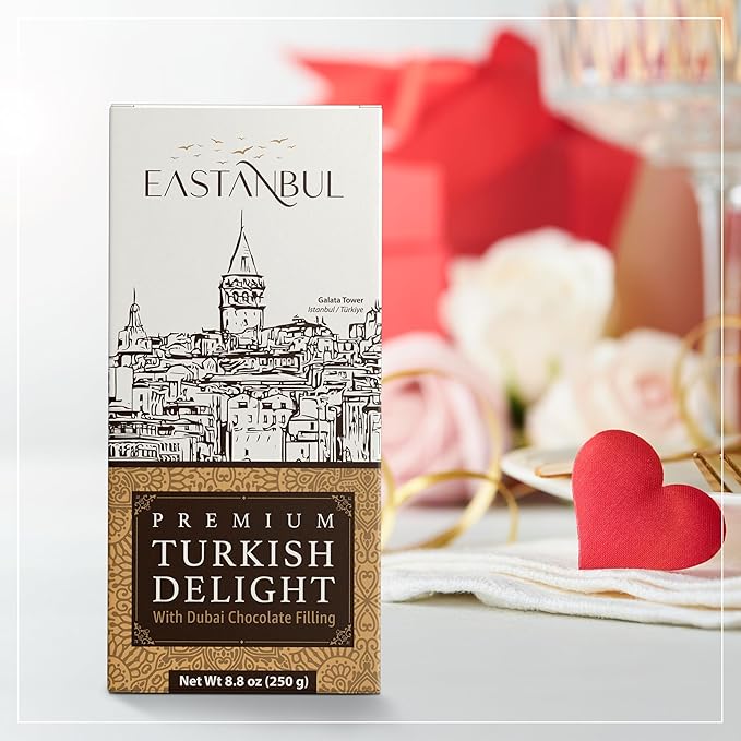Eastanbul Premium Turkish Delight with Dubai Chocolate Filling, 8.8oz, Turkish Delights Pistachio, Lokum, Pistachio Candy Gift Box, International Candy, Lokum