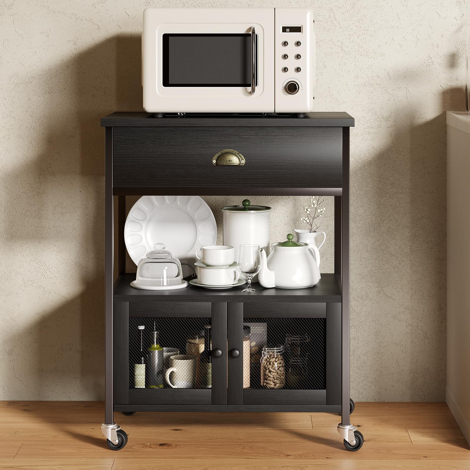 Catrimown Coffee Bar Cart Cabinet,3 Tier Coffee Station Table on Wheels,Coffee Cart with Storage