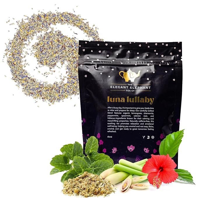 Luna Lullaby Sleep Tea, Organic Loose Leaf Herbal Tea ??Calming, Relaxing Bedtime Tea ??Chamomile, Valerian Root, Peppermint ??4 oz Resealable Bag (Makes 50 Cups) ??The Elegant Elephant