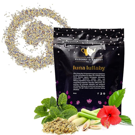 Luna Lullaby Sleep Tea, Organic Loose Leaf Herbal Tea ??Calming, Relaxing Bedtime Tea ??Chamomile, Valerian Root, Peppermint ??4 oz Resealable Bag (Makes 50 Cups) ??The Elegant Elephant