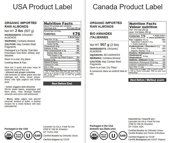 Food to Live - Organic Imported Raw Almonds, 2 Pounds Non-GMO, Whole, Raw, No Shell, Unpasteurized, Unsalted, Vegan, Kosher, Bulk.