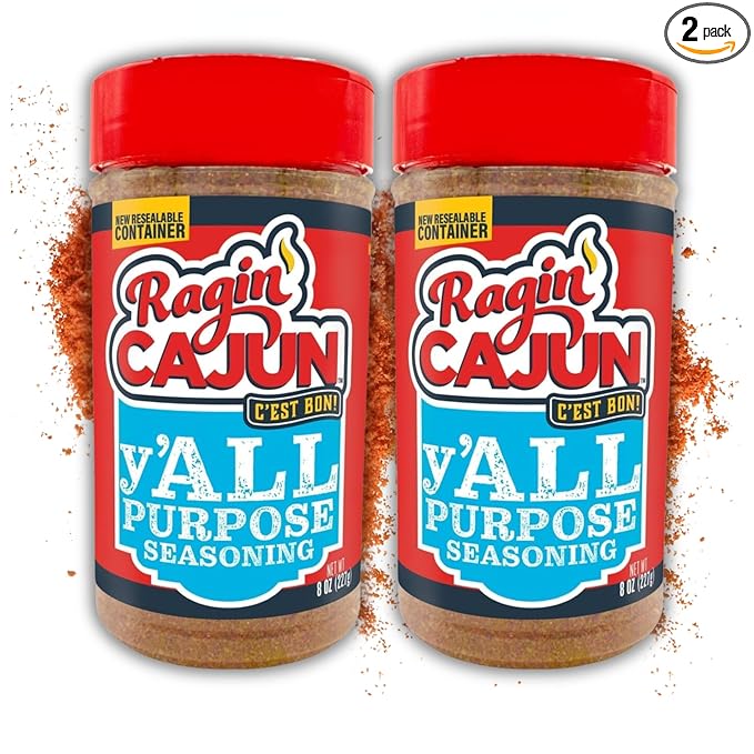 Ragin' Cajun y'ALL PURPOSE Seasoning - 8 oz Shaker - Pack of 2, Low Sodium, No MSG - Mild Louisiana Cajun Spice for Meats, Seafood & Veggies