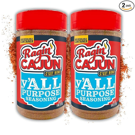 Ragin' Cajun y'ALL PURPOSE Seasoning - 8 oz Shaker - Pack of 2, Low Sodium, No MSG - Mild Louisiana Cajun Spice for Meats, Seafood & Veggies